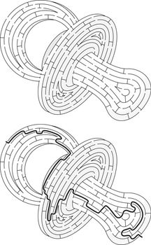 Pacifier maze for kids with a solution in black and white