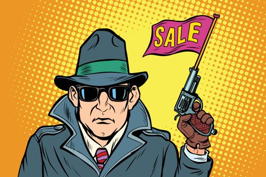 spy secret agent start sales. Comic cartoon pop art retro vector illustration drawing