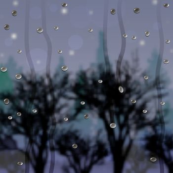 Drops on the glass after the rain and the view of the forest at dusk 10 eps