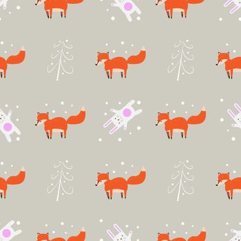 Fun print. cute seamless pattern with little foxes fox and white rabbit 10 eps