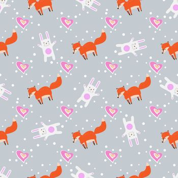 Fun print. cute seamless pattern with little foxes fox, heart and white rabbit 10 eps