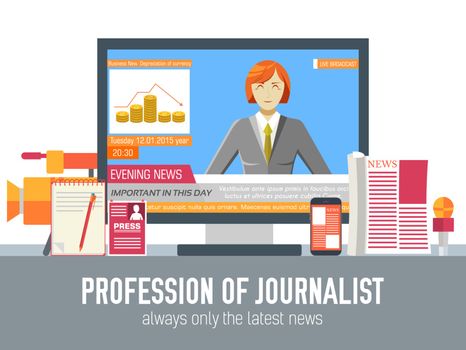 global news information equipment for journalist background. Icons flat style on blue concept. Vector illustration colorful template for you design, web and mobile applications.