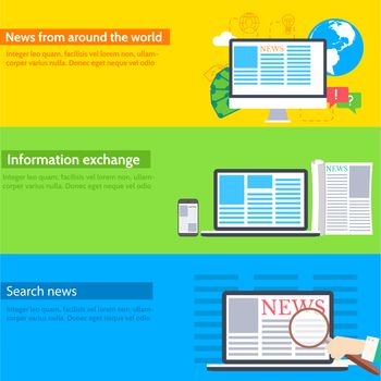 global news information equipment for journalist banner concept. Icons flat style on blue concept. Vector illustration colorful template for you design, web and mobile applications.