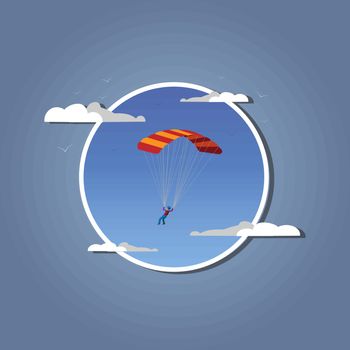 Skydiver flying with parachute. in white frame. Skydiving, parachuting and extreme sport, active leisure concept. 10 eps