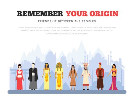 People Friendship. International Day of the World Indigenous Peoples. Vector flat illustration concept background.