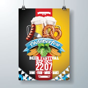 Oktoberfest party poster illustration with fresh lager beer, pretzel, sausage and wheat on German national flag background. Vector celebration flyer template for traditional German beer festival