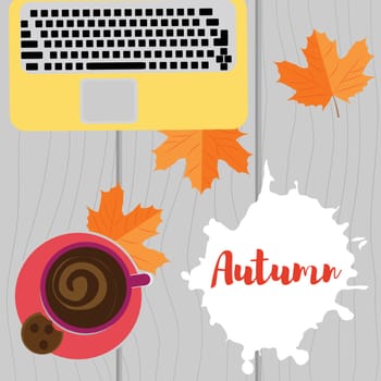 Vector illustration. Autumn workplace. Laptop, coffee and yellow leaves on a wooden background