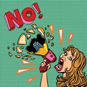 no. woman with megaphone protest policy. Comic cartoon pop art retro vector illustration drawing