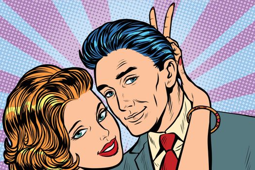 woman puts horns to man, hand gesture joke. Pop art retro vector illustration vintage kitsch
