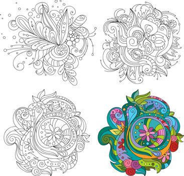 Set of vector abstract line art patterns for backgrounds or for coloring book with an example of coloring. Floral design in zentangle style with abstract elements. Can be used as an element in the design of textiles, printed materials and coloring antistress book. Illustration isolated on white.