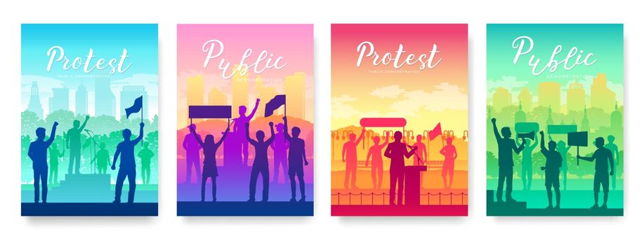 Men and women share a protest vector brochure cards set.  Layout crowd of protester template of flyear, magazines, poster, book cover, banners. revolution, conflict invitation concept background