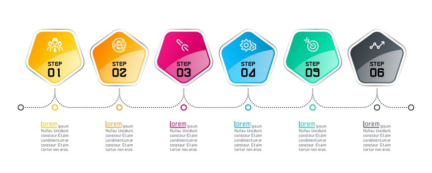 Pentagons label infographic with 6 steps.