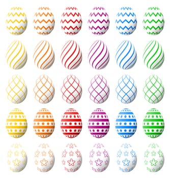 Set of white Easter eggs with various colorful patterns. High quality vector.