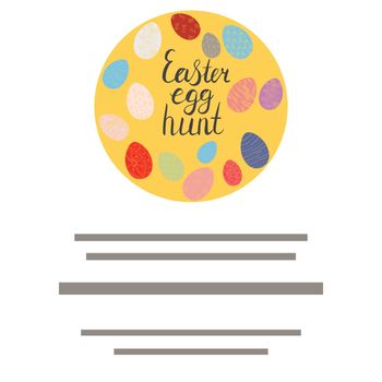 Round shape made of Easter eggs and hand lettering phrase Easter egg hunt. Text frame isolated on white background.