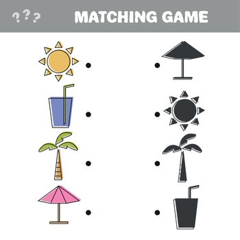 Find the correct shadow, education game for children. Colorful vector set of objects for a summer holiday - matching game