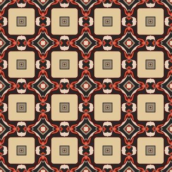 Seamless illustrated pattern made of abstract elements in beige, yellow, red, gray and black