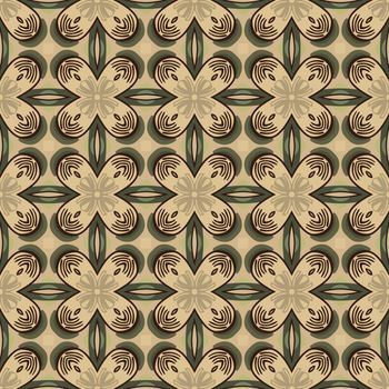Seamless illustrated pattern made of abstract elements in beige, shades of green and brown