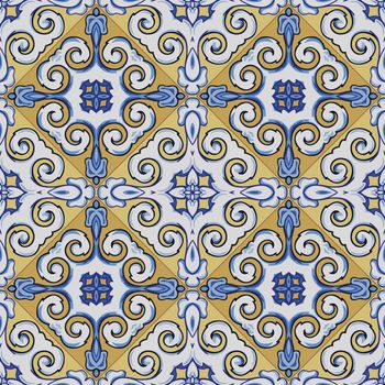 Seamless illustrated pattern made of abstract elements in white, yellow, brown, black and blue