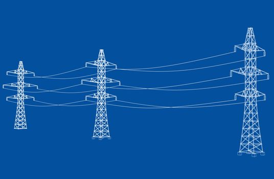 Electric pylons or electric towers concept. Vector rendering of 3d. Wire-frame style. The layers of visible and invisible lines are separated