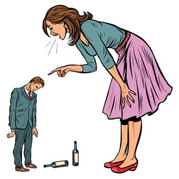 wife scolding drunk husband. alcoholism. Pop art retro vector illustration vintage kitsch