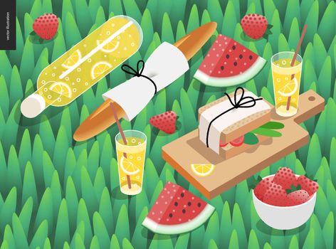 Picnic snack and grass template - vector cartoon flat illustration of snack and drink for picnic - botttle and glass of lemonade, baguette, watermelon, sandwich, on a green grass background