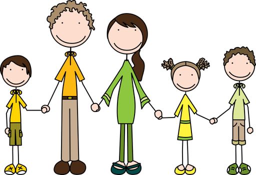 Cartoon illustration of family of five