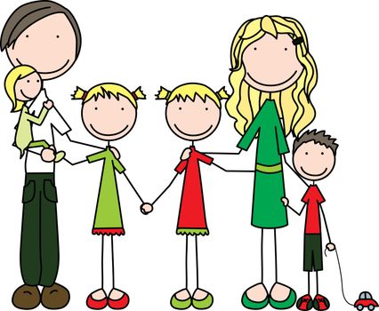 Cartoon illustration of family of six