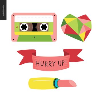 Girlish icons stickers set. Vector flat cartoon illustrated icons of few girl elements - cassette tape, diamond heart, ribbon with lettering Hurry up, and a pink lipstick.