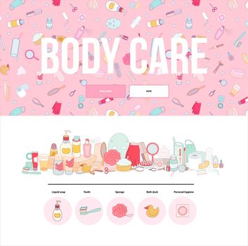 Hygiene web template, flat cartoon vector illustrated pack of hygiene elements with seamless pattern 