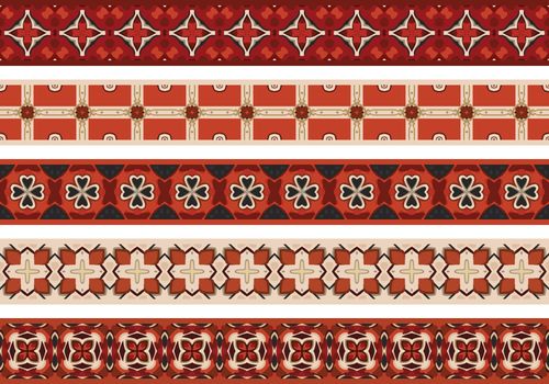 Set of five illustrated decorative borders made of abstract elements in beige, gray, black, brown and red