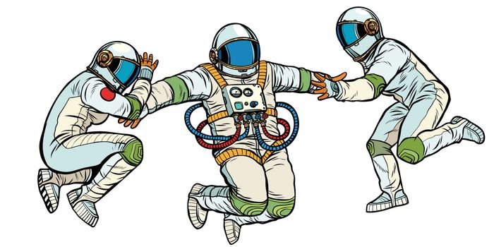 three astronauts in space in zero gravity. isolate on white background. Pop art retro vector illustration kitsch vintage