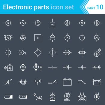 Complete vector set of electric and electronic circuit diagram symbols and elements - generator, batteries, DC power supplies and three-phase generator