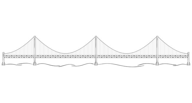 Metal bridge over river. Sketch of the bridge similar to Golden Gate in San Francisco.
