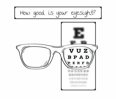 Snellen chart for eye test. Sharp and blurred chart with letters and glasses. Medical tool. Contains text: How good is your eyesight.