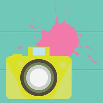 Vector illustration. The old-fashioned color camera. Flat style. Splash on a wooden background
