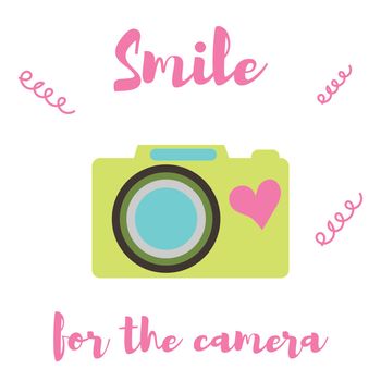 Vector illustration. The old-fashioned color camera. Flat style. The inscription smile for the camera on a white background