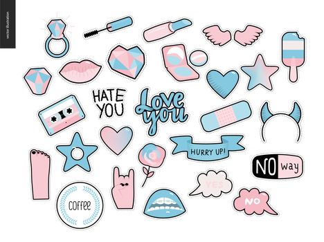 Set of contemporary girlish patches elements. A set of vector girls stuff like makeup, hearts, phrases, notes, stickers, stars, wings, tape, popsicle, lips Vector stickers kit