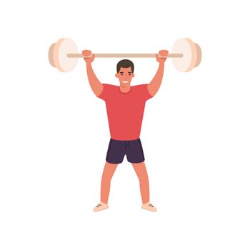 Cartoon muscular brutal man with barbell. Strongman flat character. Gym workout with sport barbell. Fitness training and healthy lifestyle concept.