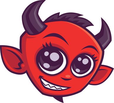 Vector cartoon illustration of a devilishly cute little devil with big eyes.