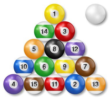 Billiard, pool balls collection. Triangle arrangement. White background. High quality, photorealistic vector illustration.