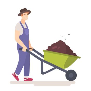 Man with wheelbarrow full of dirt or ground. Flies hover above the garden wheel barrow with manure. Gardener carries a wheelbarrow with organic fertilizers. Flat vector illustration.