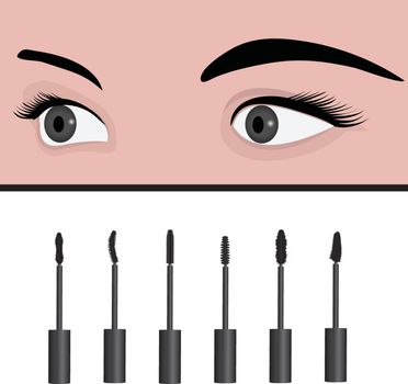 A girl's eyes and  types of  mascara vector illustration. Set of mascara