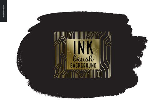 Ink Brush Background - abstract vector illustration. Ink brush strokes with rough edges, dry brush, black paint. Dirty artistic design element, gold lettering title - handmade vector illustration
