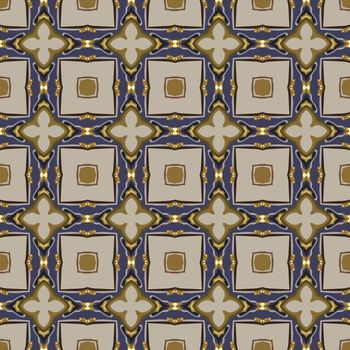 Seamless illustrated pattern made of abstract elements in beige, gray, yellow, brown and blue