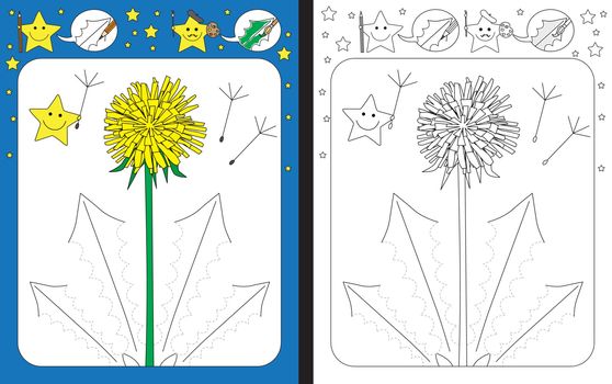 Preschool worksheet for practicing fine motor skills - tracing dashed lines of dandelion leaves