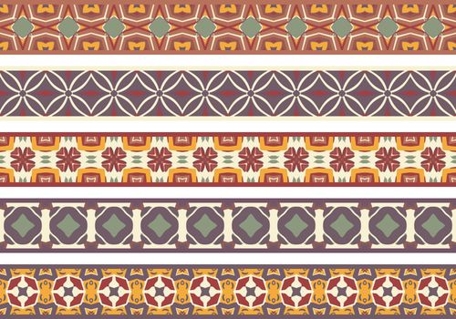 Set of five illustrated decorative borders made of abstract elements in beige, orange, red, green, purple and brown