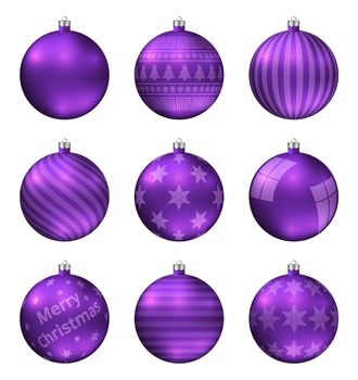 Violet christmas balls isolated on white background. Photorealistic high quality vector set of christmas baubles. Different pattern.