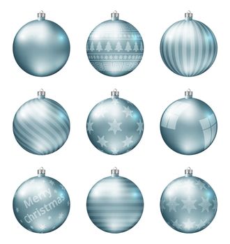 Pastel light blue christmas balls isolated on white background. Photorealistic high quality vector set of christmas baubles. Different pattern.
