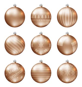 Pastel orange christmas balls isolated on white background. Photorealistic high quality vector set of christmas baubles. Different pattern.