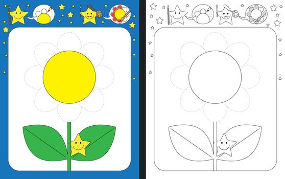 Preschool worksheet for practicing fine motor skills - tracing dashed lines of flower petals